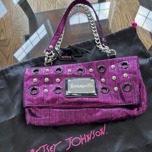 Betsey Johnson edgy purple metallic studs lightning bolt fold over purse